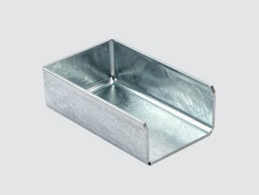 Industrial solar mounting bracket made of hot-dip galvanized steel, shown with clean metallic finish, isolated on a light gray background, technical catalog style.