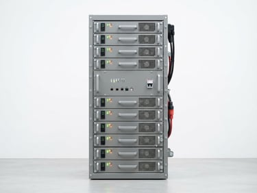 Crisp industrial product photography, bright even studio light, clean white background, de-branded modular energy storage system rack with clear technical indicators, 50mm lens