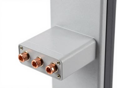 Close-up of a de-branded DC fast charger power module, bright studio lighting, clean gray background, sharp copper terminals