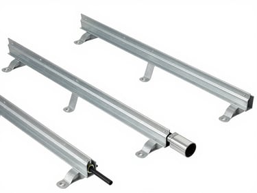 Crisp technical product shot of industrial solar mounting structures and cable cross-sections, clean white background, bright studio lighting