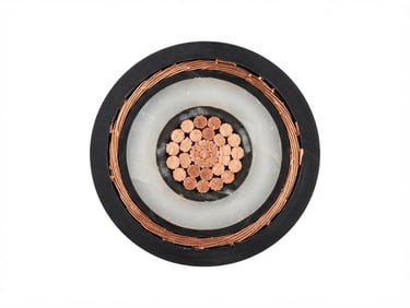 Technical studio shot of a medium-voltage XLPE power cable cross-section showing copper core, insulation layers, and outer sheath, isolated on a clean white background, bright even lighting.