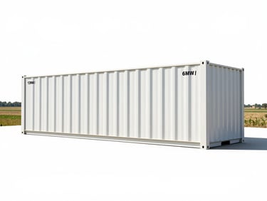 A clean, wide-angle shot of a 6MW/12MWh containerized energy storage system in a flat Hungarian landscape, bright daylight, de-branded containers