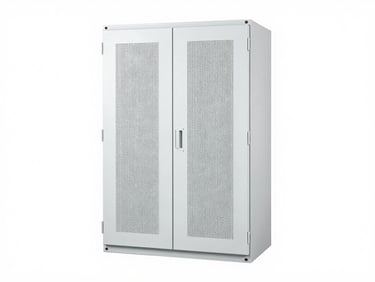 Crisp industrial product photography of a 418kWh modular energy storage cabinet, bright even studio light, clean white background, sharp technical details, 50mm lens