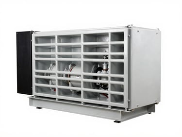 Crisp industrial product photography of a soundproof diesel generator enclosure, de-branded, clean white background, bright even studio light