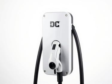 Crisp industrial product shot of a de-branded DC fast charger unit, clean white background, bright studio lighting