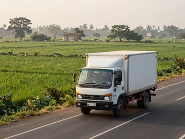 A delivery truck driving on a highway through lush green agricultural fields of South Gujarat, early morning light, authentic editorial photography.