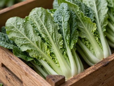 Macro close-up of crisp, dew-kissed organic green vegetables packed tightly in rustic wooden crates, early morning natural light.