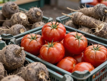 Close-up of fresh, vibrant red tomatoes and earthy root vegetables in clean crates, natural overcast daylight, rich agricultural textures.