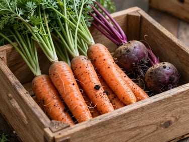 Freshly harvested organic carrots and beetroots with soil still clinging to them, arranged in a heavy wooden crate, rustic agricultural setting.