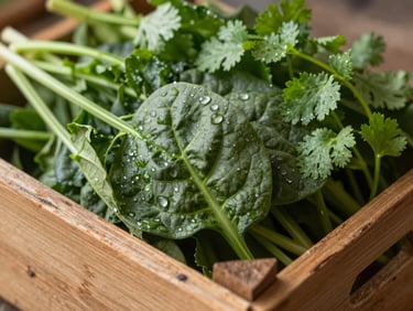 Macro close-up of fresh organic spinach and coriander leaves packed tightly in a rustic wooden crate, early morning natural light, water droplets.