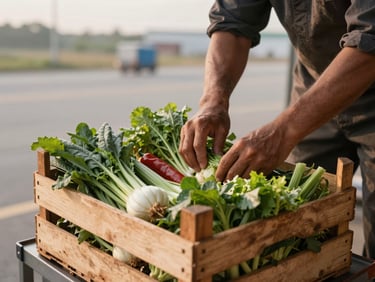 Environmental shot of a worker's hands inspecting fresh vegetables in a wooden crate on a loading dock, early morning light.