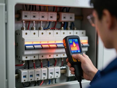A technician using a digital thermal imaging camera to inspect a residential breaker panel, showing bright heat signatures on overloaded circuits.