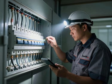 Wide environmental shot of a SparkWise technician in a branded uniform inspecting a residential breaker panel with a bright headlamp cutting through the darkness, high-contrast lighting.
