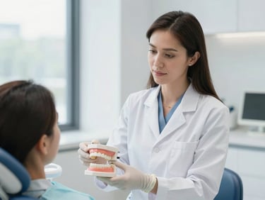 Portrait of a female dentist, Dr. Laura Soto, interacting with a patient (patient's back to camera) in a modern dental office, demonstrating a dental model. Soft natural window light, clean blue and white tones, shallow depth of field.
