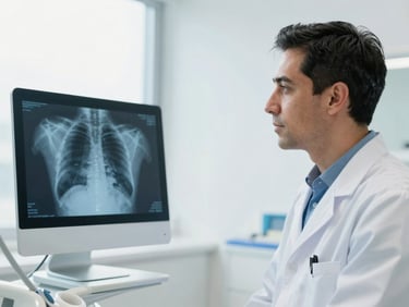Portrait of a male dentist, Dr. Pablo Ruiz, in a modern dental cabinet, looking at a digital X-ray on a monitor with a calm expression. Soft natural window light, clean blue and white tones, shallow depth of field.