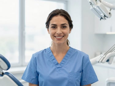 Portrait of a female dentist, Dr. Ana García, smiling gently and professionally, wearing blue scrubs, in a bright, clean dental office. Soft natural window light, clean blue and white tones, shallow depth of field.