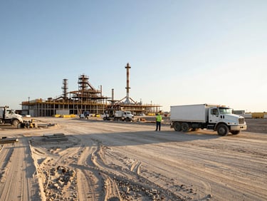 A wide environmental shot of an active industrial construction site along the Texas coast, with a project manager directing a delivery truck, early morning golden hour.