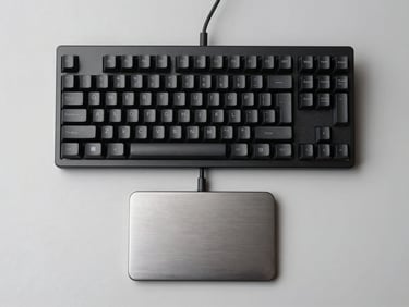 Top-down flat lay of a minimalist desk setup, matte black mechanical keyboard, braided cables, brushed aluminum trackpad, soft side studio lighting, sharp focus.
