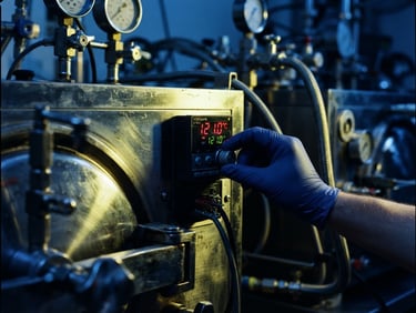 Dynamic close-up of a technician's hand adjusting a digital temperature controller on a stainless steel autoclave, sharp metallic reflections, high-contrast blue and yellow technical lighting, 35mm