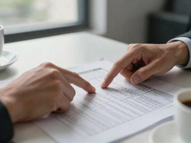 Close-up medium shot of two hands on a desk, one pointing at a printed salary comparison spreadsheet under natural daylight from a nearby window, a coffee cup partially visible at the edge, office environment background softly out of focus
