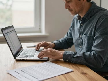 Medium shot of a mentor at a wooden desk, natural daylight from a side window, open laptop showing a spreadsheet, printed salary range document visible in foreground, hands resting on the desk, unposed and candid