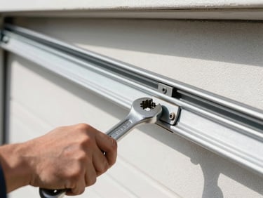 Close-up of a technician adjusting a garage door track with a wrench, focused on the precision alignment, natural daylight.