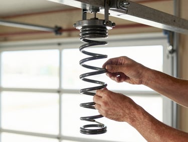 Close-up of a technician's hands carefully replacing a heavy-duty garage door torsion spring, bright workshop lighting, sharp focus on the spring mechanism.