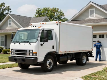 Service truck parked in a suburban Troutman driveway, technician working on a residential garage door, bright daylight.