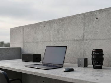 Architectural crop of a modern concrete workspace, soft overcast sky light, minimal desk setup with physical devices, no people.
