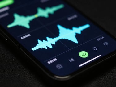 Extreme macro shot of a physical smartphone screen showing a native audio wave visualizer UI with cyan glowing accents, low-key lighting, 35mm lens