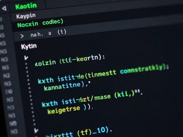 Macro close-up of a dark-mode IDE screen showing clean Kotlin code blocks with syntax highlighting in green and cyan, sharp tech aesthetic