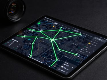 High-angle technical shot of an Android tablet displaying a complex logistics grid map with real-time delivery routes glowing in green, dark studio setting
