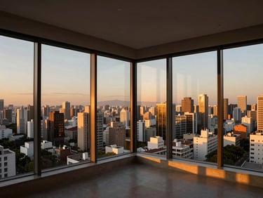 Interior de uma cobertura de luxo com janelas amplas do chão ao teto, vista panorâmica da cidade ao anoitecer, decoração minimalista.