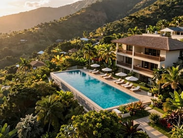 Piscina de borda infinita em uma estância de luxo, com vista para montanhas e vegetação exuberante, em um dia ensolarado.