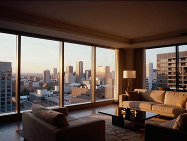 Interior view of a high-rise luxury apartment living room with panoramic city views, modern furniture, sun-drenched, high contrast, warm editorial photography.