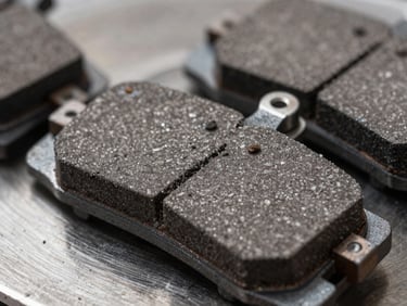 Close-up of heavy-duty semi-metallic brake pads, showing the textured friction material and steel backing plate, crisp side lighting highlighting the grain.