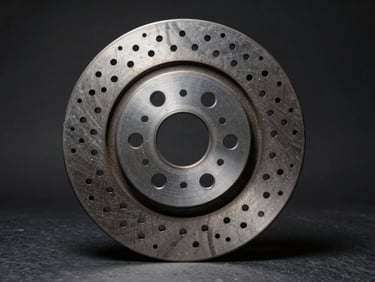 Centered studio photograph of a ventilated carbon-steel brake rotor, highlighting the metallic texture and cross-drilled holes, dramatic chiaroscuro lighting on dark slate.