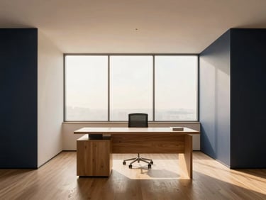 Minimalist modern office space with a large oak desk, warm natural window light, and clean architectural lines.