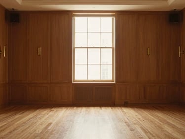 Symmetrical view of an empty premium event hall with warm oak paneling, minimalist brass fixtures, and soft window light.