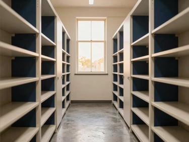 Clean, well-lit modern storage vault with polished concrete floors and structured minimalist shelving.