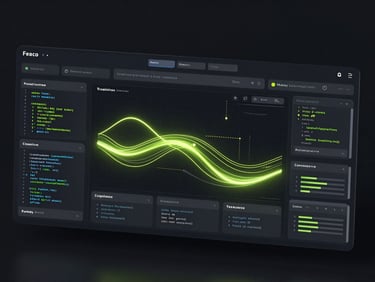 Sleek dark-mode 3D render of high-fidelity UI wireframes showing predictive dashboards, glowing cyber-lime data streams, technical code snippets, octane render.