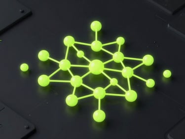 Isometric 3D render of abstract data nodes and glowing neon-lime connections on a dark technical background, sharp focus
