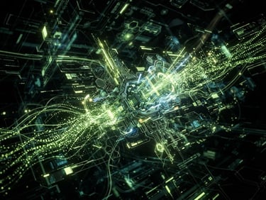 sleek dark-mode 3d render, glowing cyber-lime data streams, high-contrast technical UI, sharp focus, octane render