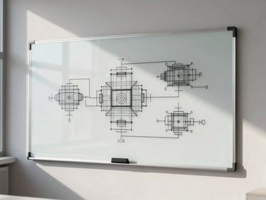 A minimalist glass whiteboard with clean technical architecture diagrams, cold daylight, empty modern workspace.