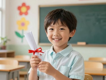 A joyful young child in a light pastel shirt holding a small rolled certificate with a warm smile, soft-focus background of a sunlit classroom decorated with paper flowers, eye-level shot.