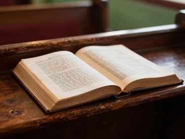 Close-up of an open historical Methodist hymnal on a dark wooden pew, soft warm ambient light, shallow depth of field, rich forest green accents