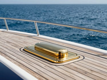 Polished brass and teak details on a luxury yacht deck under bright coastal daylight, sharp focus