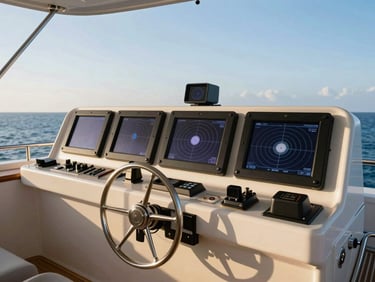 Modern yacht navigation bridge with glowing radar screens and helm controls, crisp morning sun