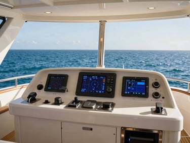 Modern yacht navigation bridge with glowing digital screens and clean instrumentation, bright coastal sunlight streaming through windows.
