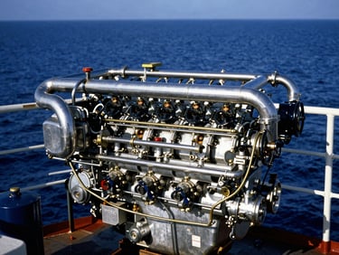 Clean marine engine room with polished steel pipes and structured layout, high contrast daylight